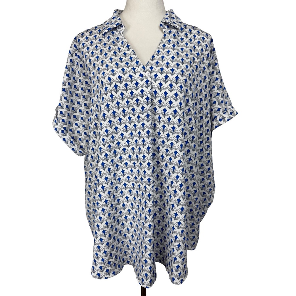She + Sky Women's 2XL Popover Blouse Top Geometric  Blue‎ White Retro Casual